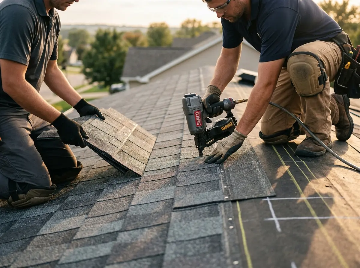 Professional roofer working on a residential roof in Green Valley